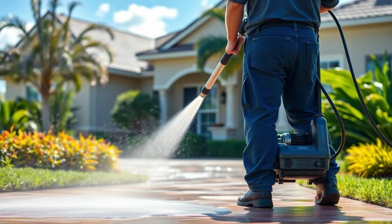 Pressure wash service cleaning a driveway in Kissimmee, showcasing effective dirt removal.