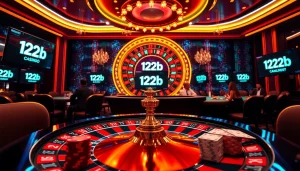 Experience the thrill of online gambling at 123b as players engage in high-stakes poker and enjoy luxurious casino visuals.
