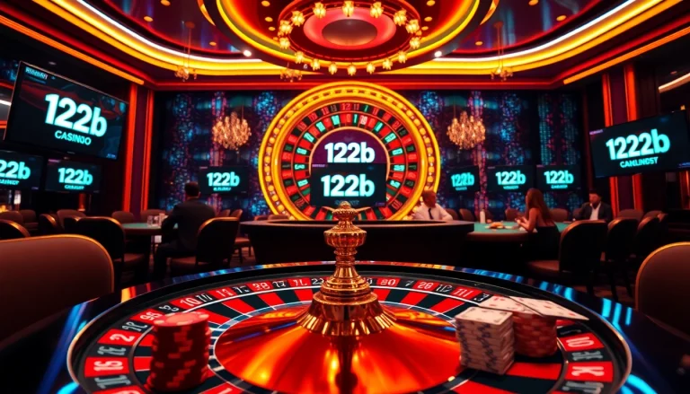 Experience the thrill of online gambling at 123b as players engage in high-stakes poker and enjoy luxurious casino visuals.