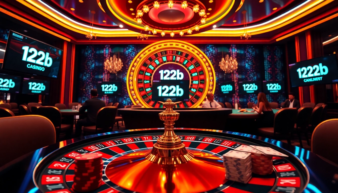 Experience the thrill of online gambling at 123b as players engage in high-stakes poker and enjoy luxurious casino visuals.