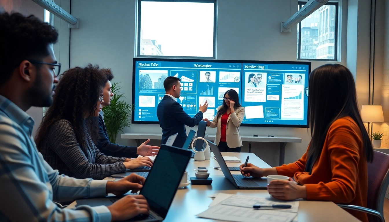 Professional team collaborating on website design at a modern workspace, showcasing innovative UI/UX elements.