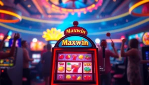 Menangkan yuyu4d slot dengan mesin slot berwarna cerah dan suasana kasino yang ramai.