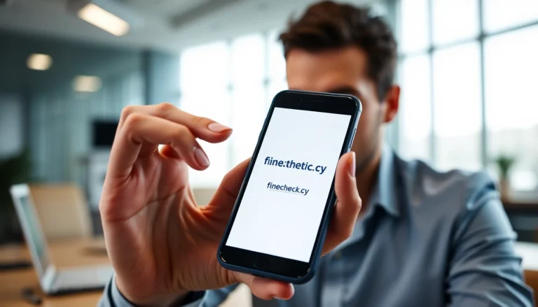 Check traffic fines using https://finecheck.cy on a smartphone in a modern office.