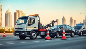 TRT Recovery UAE providing professional car recovery service in Dubai on a busy road.