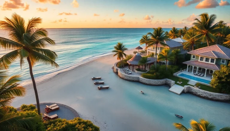 Property Belize: Luxury beachfront property showcasing villas and tropical landscape.