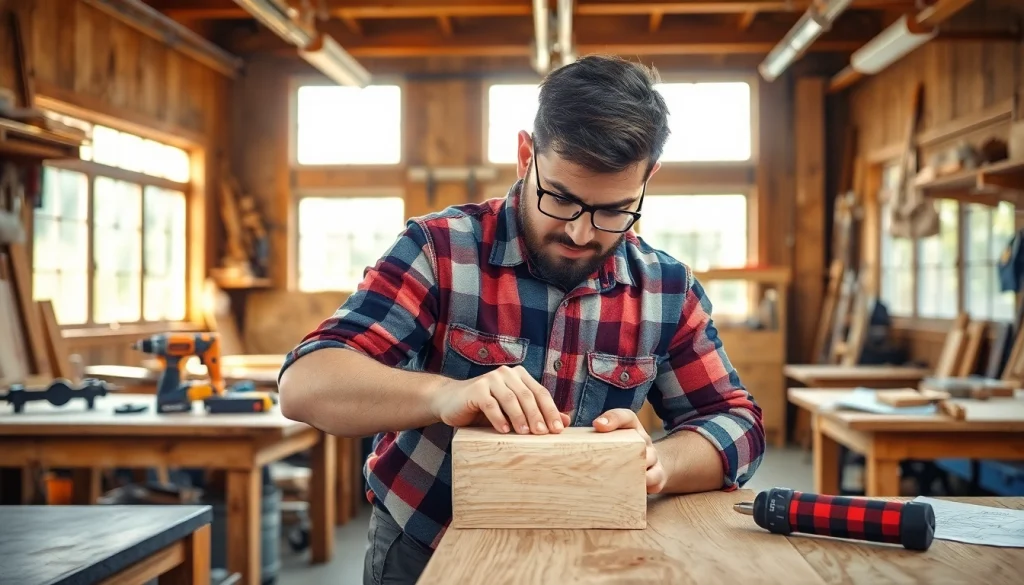 Hands-on carpentry apprenticeship near me featuring an apprentice in a workshop.
