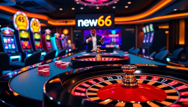 Experience thrilling casino moments at new66 with a vibrant gaming table and roulette wheel.