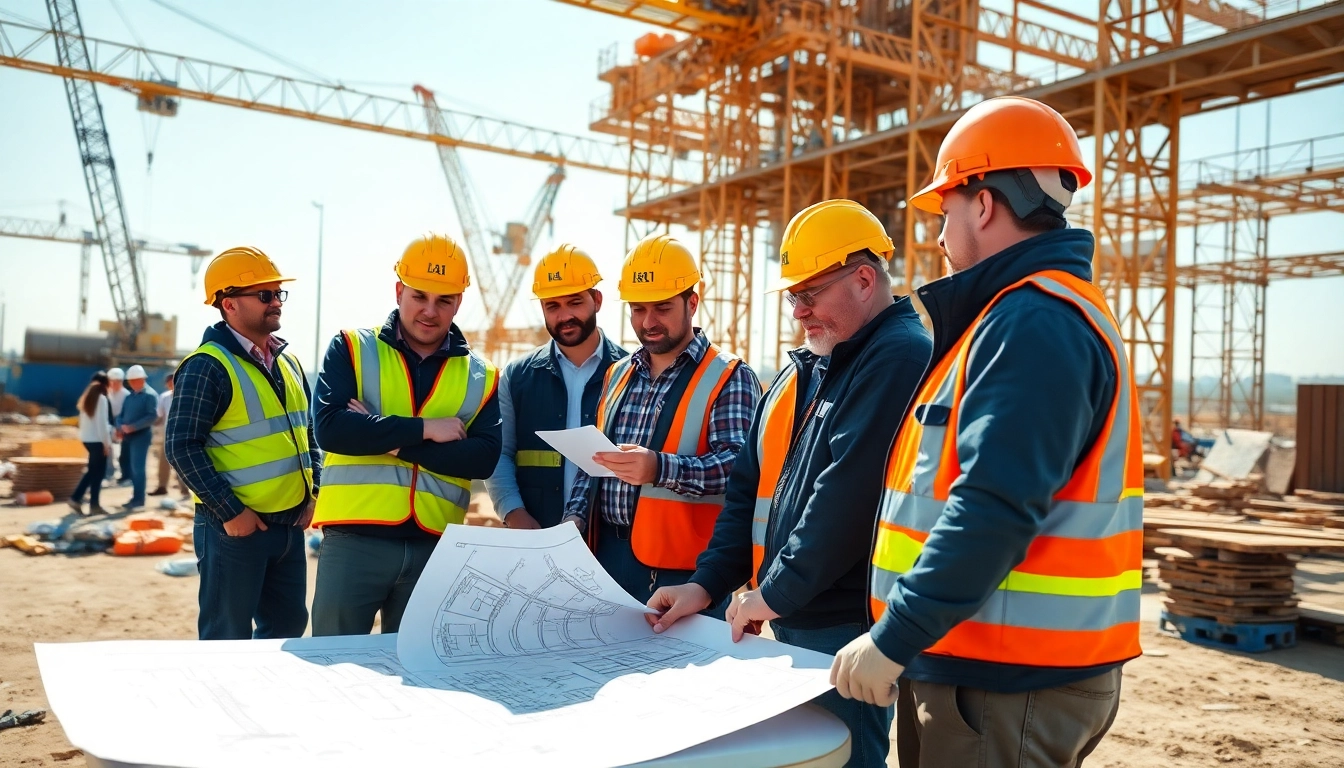 Engaged construction association members evaluating blueprints collaboratively.