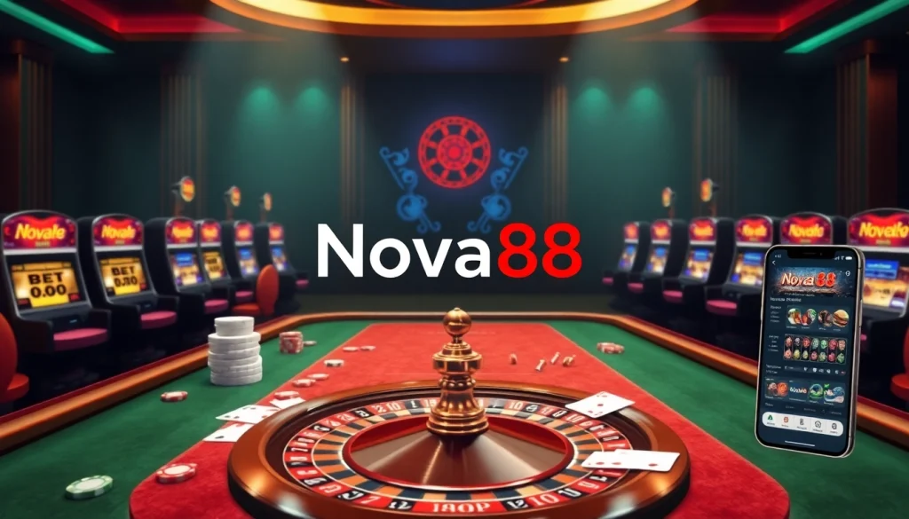 Nova88 online casino interface showcasing luxury gaming tables, vibrant slot machines, and mobile betting options at trang chủ nova88.