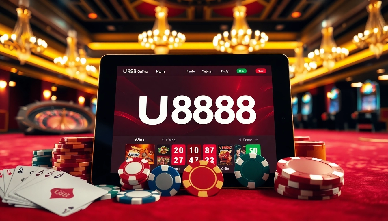 U888 features an exciting online gaming interface amidst vibrant casino elements, showcasing stylish poker chips and cards.
