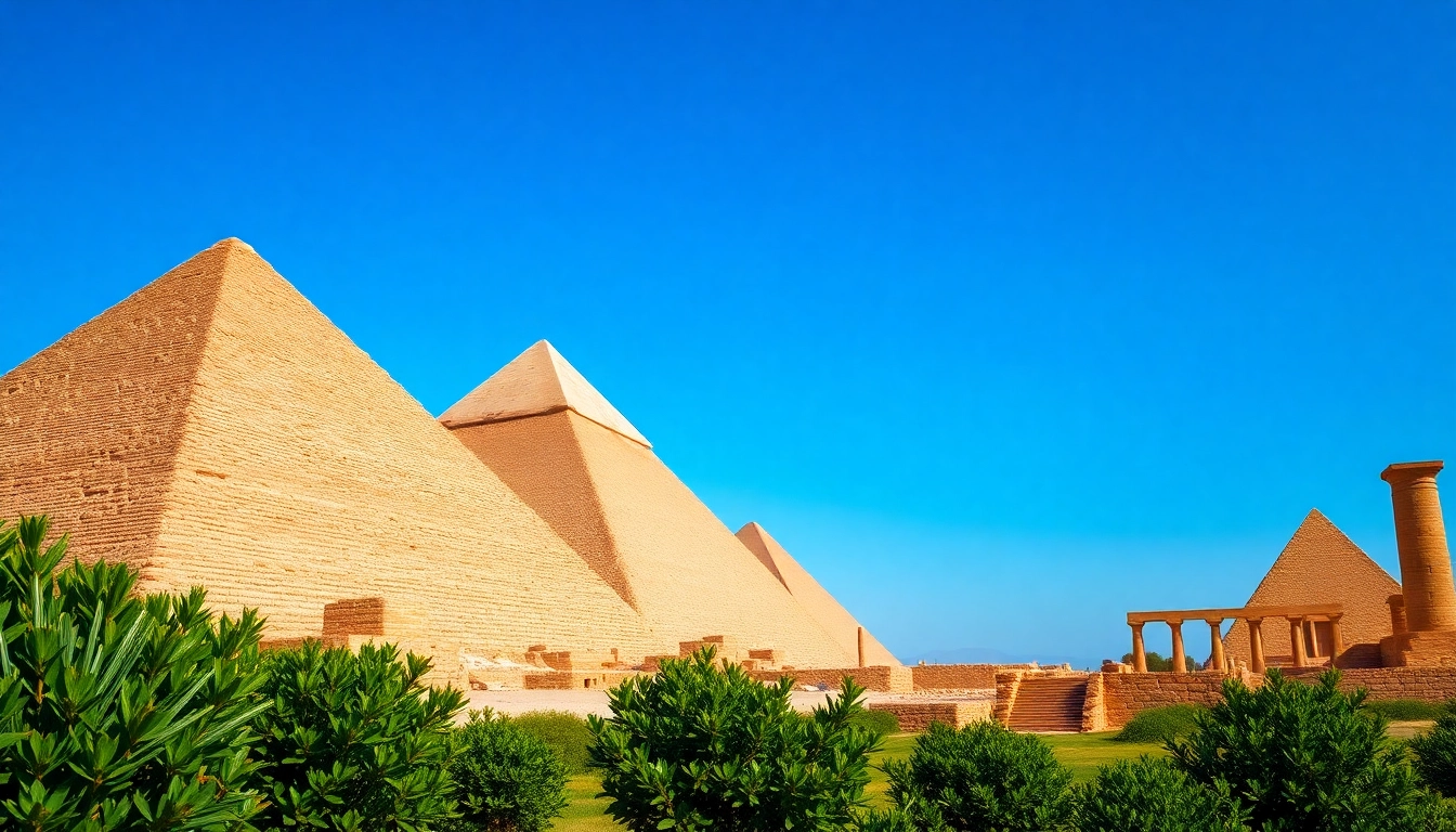 Discovering the ancient piraminds surrounded by lush greenery and a clear blue sky.