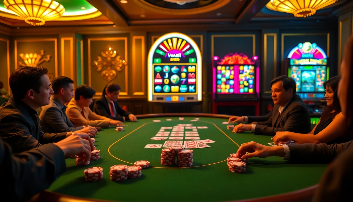 Play at vuabai9 casino with vibrant slot machines and high-stakes poker games in an elegant setting.