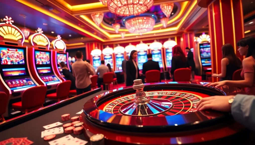 Experience the excitement at https:/cm88.bz/ with gamblers at a roulette table and vibrant slot machines.