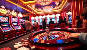 Experience the excitement at https:/cm88.bz/ with gamblers at a roulette table and vibrant slot machines.