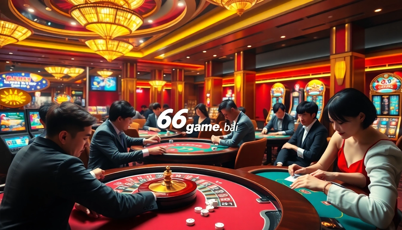 Players enjoying diverse games at a luxury casino with 68 game bài prominently featured.