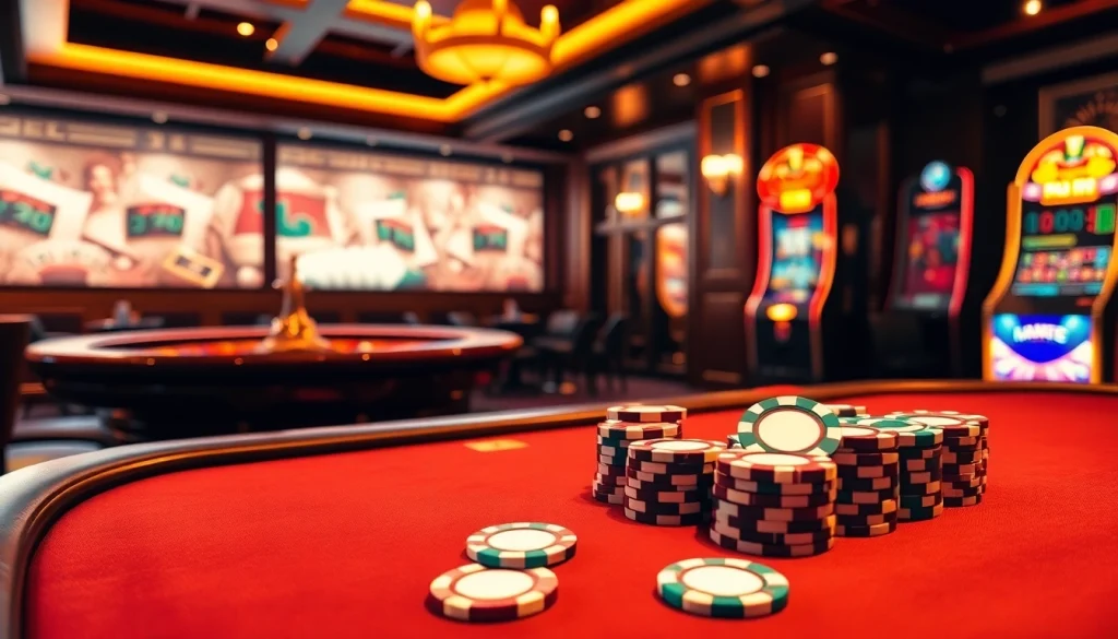 Exciting casino scene with poker table and roulette wheel at Man88.