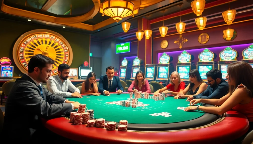 Engage in thrilling gameplay action at https://sodo66new.com with vibrant casino visuals of poker chips and slot machines.