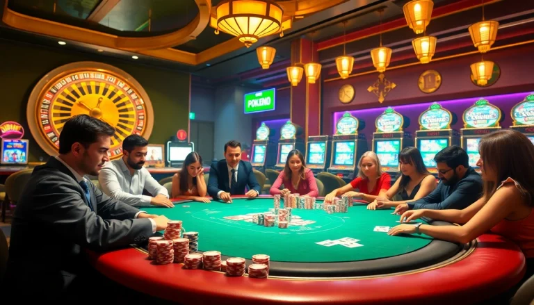 Engage in thrilling gameplay action at https://sodo66new.com with vibrant casino visuals of poker chips and slot machines.