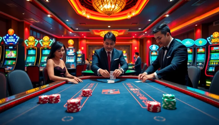 The dynamic atmosphere of trang chủ sa88 captivates players playing blackjack in a modern casino.