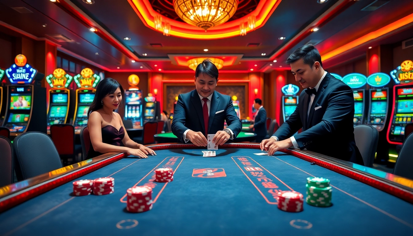 The dynamic atmosphere of trang chủ sa88 captivates players playing blackjack in a modern casino.