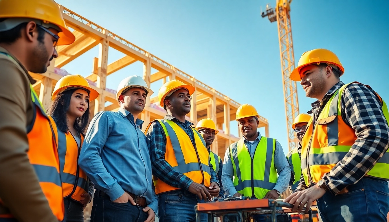 Engaged professionals in careers in construction collaborating on a job site.