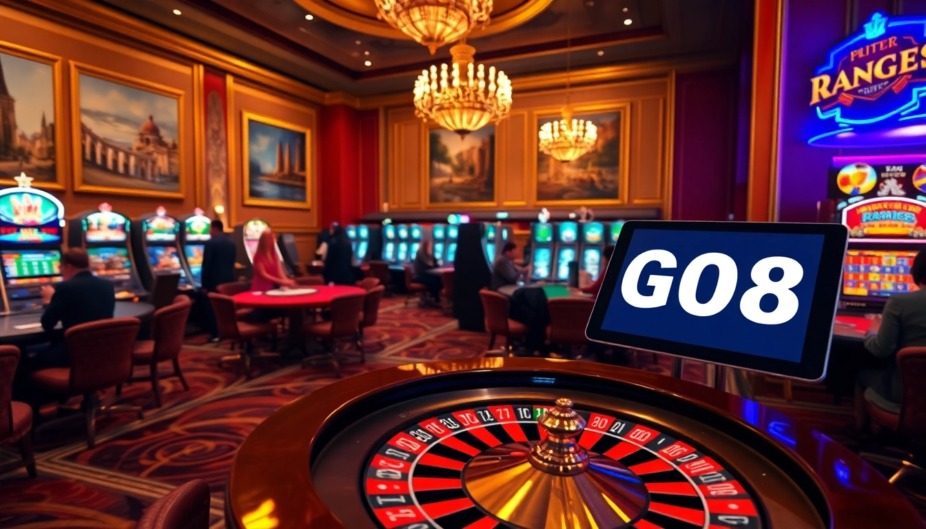 GO8 inspired casino scene with roulette wheel, players, and opulent decor