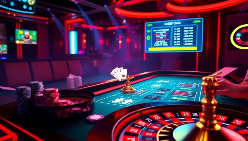 Experience רמי אונליין with vibrant digital poker chips and a lively roulette wheel in an exciting gambling scene.