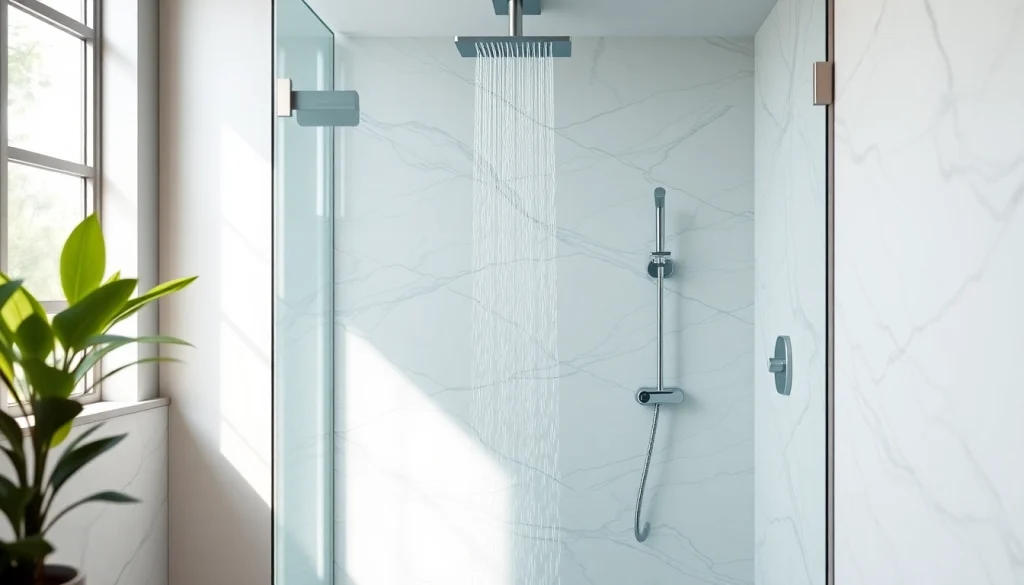 A modern shower uk design in a stylish bathroom featuring elegant fixtures and natural light.