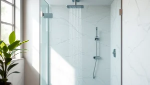 A modern shower uk design in a stylish bathroom featuring elegant fixtures and natural light.