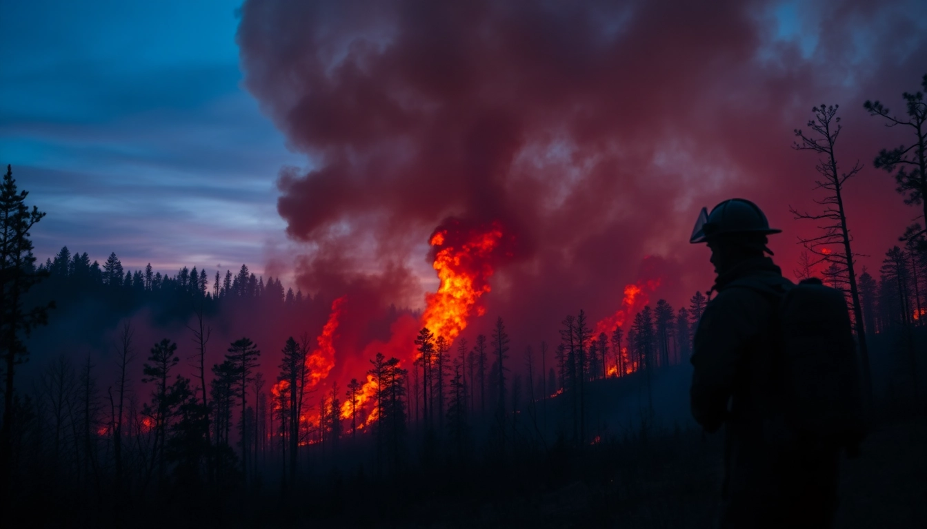 Wildfire events depicting a firefighter battling a severe blaze in a forested area.