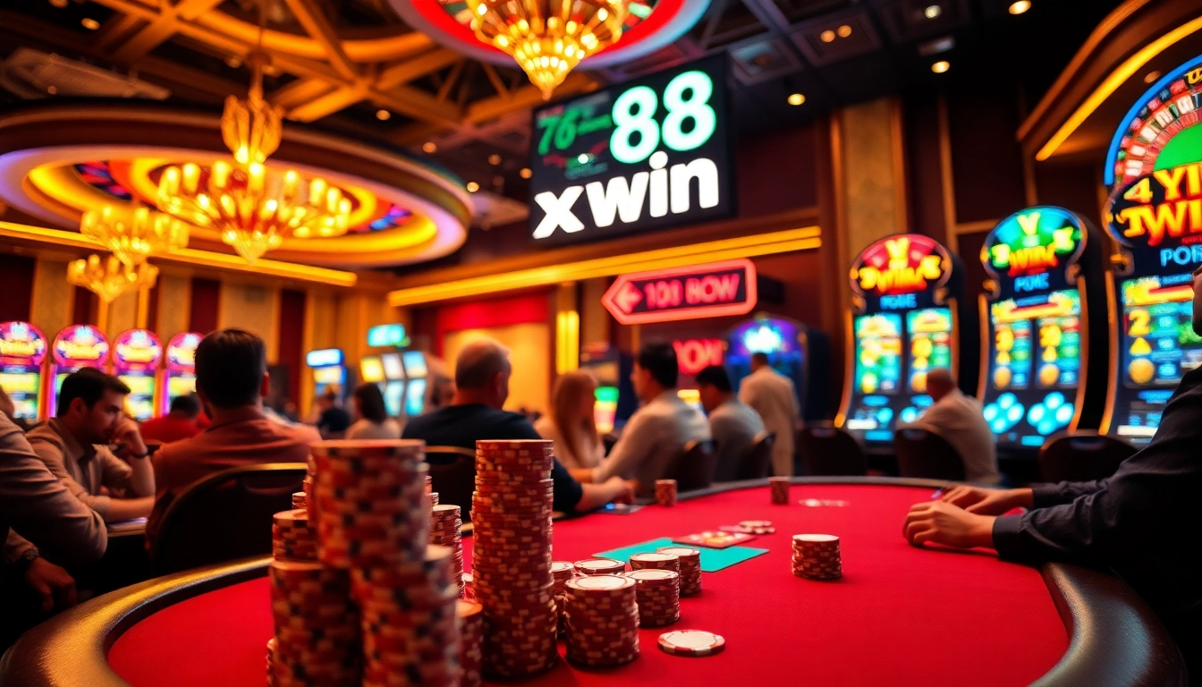 Experience the thrill of a lively casino scene showcasing xx88 win with poker chips and roulette excitement.