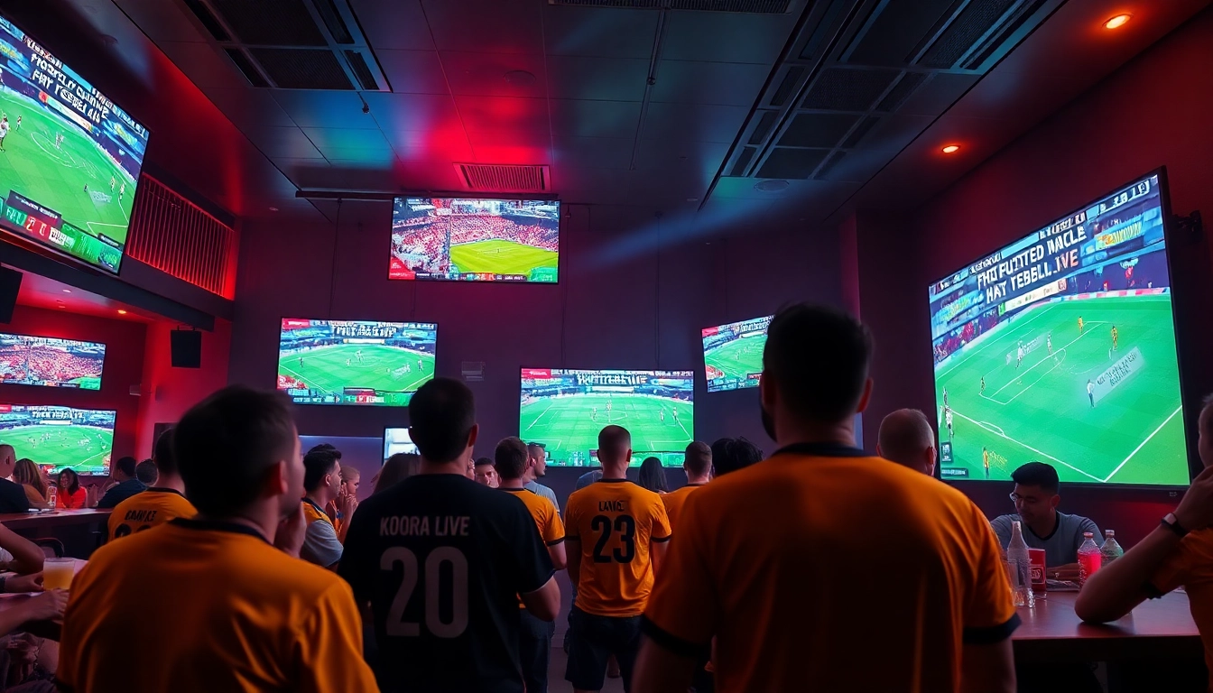 مشهد مثير للمشجعين وهم يستمتعون بمباريات كورة لايف في أجواء بار رياضي نابضة بالحياة.