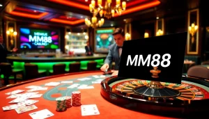 Engaging MM88 players at a vibrant casino table with cards and chips in a luxurious setting.