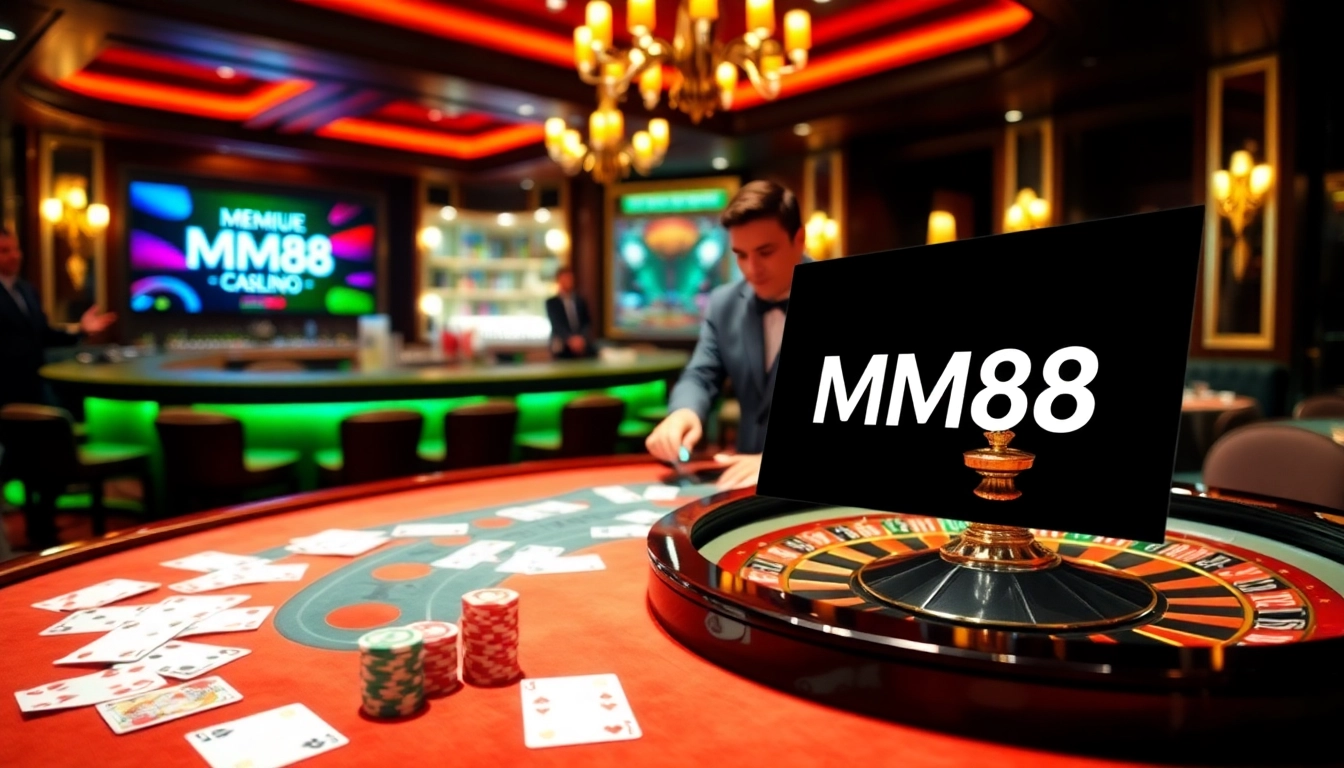 Engaging MM88 players at a vibrant casino table with cards and chips in a luxurious setting.
