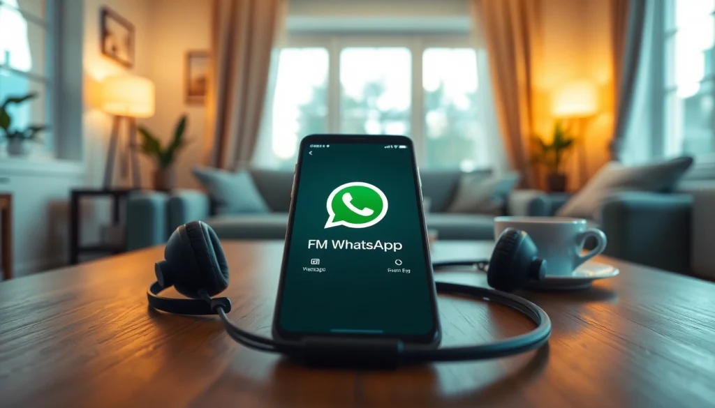FM WhatsApp download showcased on a smartphone in a cozy room environment.