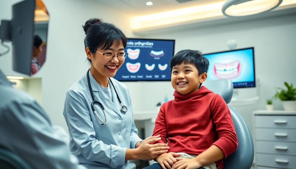 歯並び矯正おすすめ consultation in a modern dental office with a cheerful orthodontist and child.