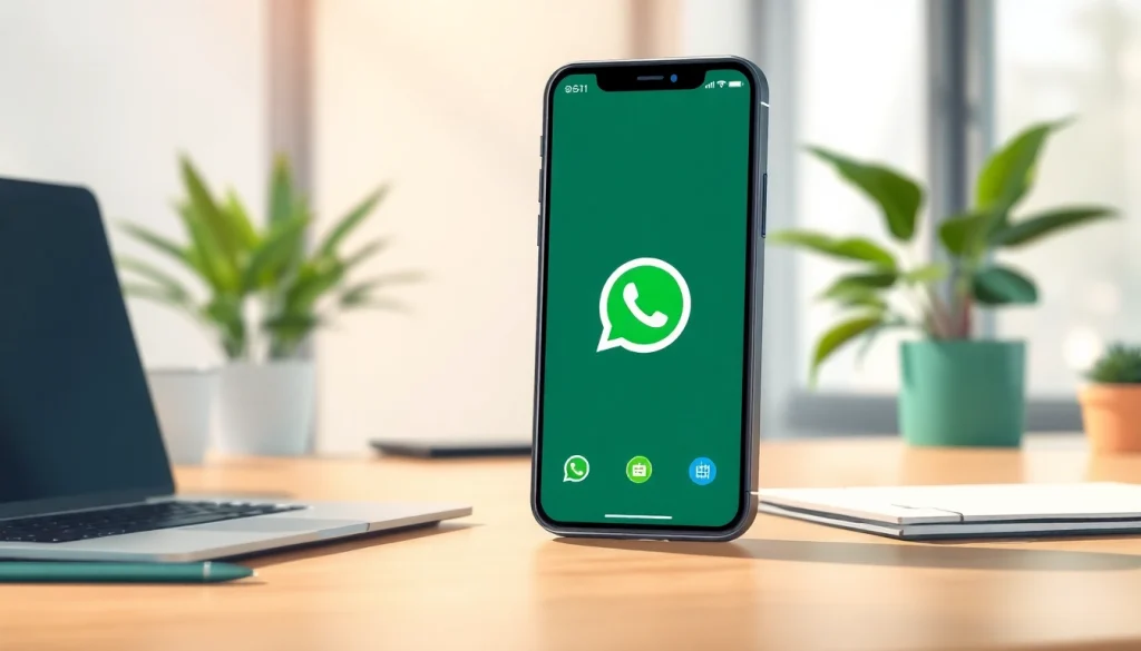Explore the GB WhatsApp app interface on a smartphone in a modern workspace setting, showcasing its advanced features.
