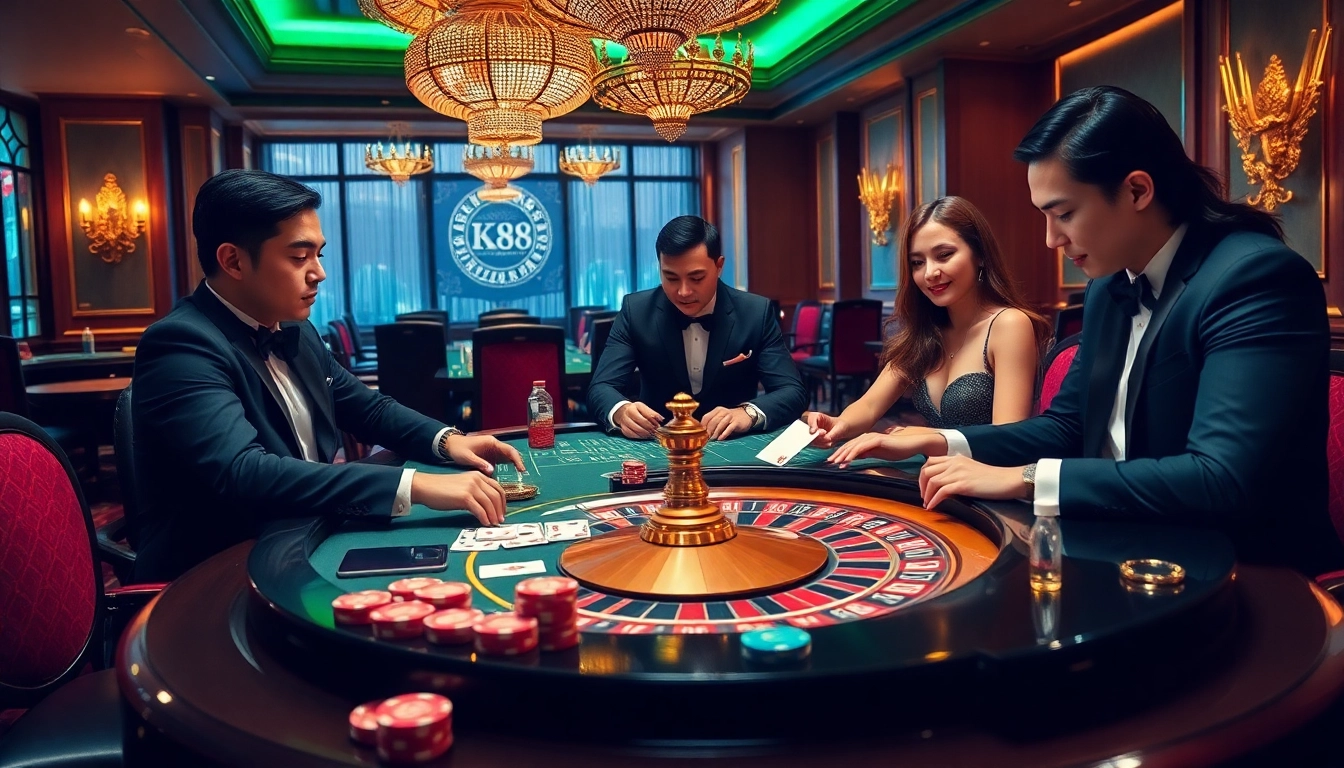 Players strategizing around the NK88-themed casino table with colorful chips and cards.