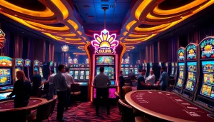 Permainan seru di mesin slot pulsa dengan lampu warna-warni dan pemain yang terlibat.