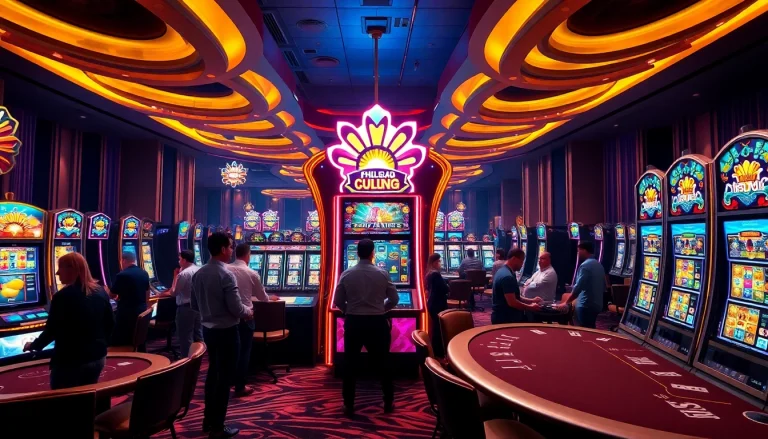 Permainan seru di mesin slot pulsa dengan lampu warna-warni dan pemain yang terlibat.