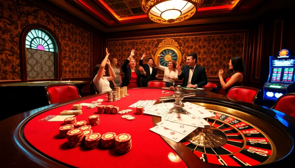 Engaging scene at https://mk8th.net/ displaying a vibrant casino room with poker chips, cards, and a roulette wheel.
