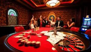Engaging scene at https://mk8th.net/ displaying a vibrant casino room with poker chips, cards, and a roulette wheel.