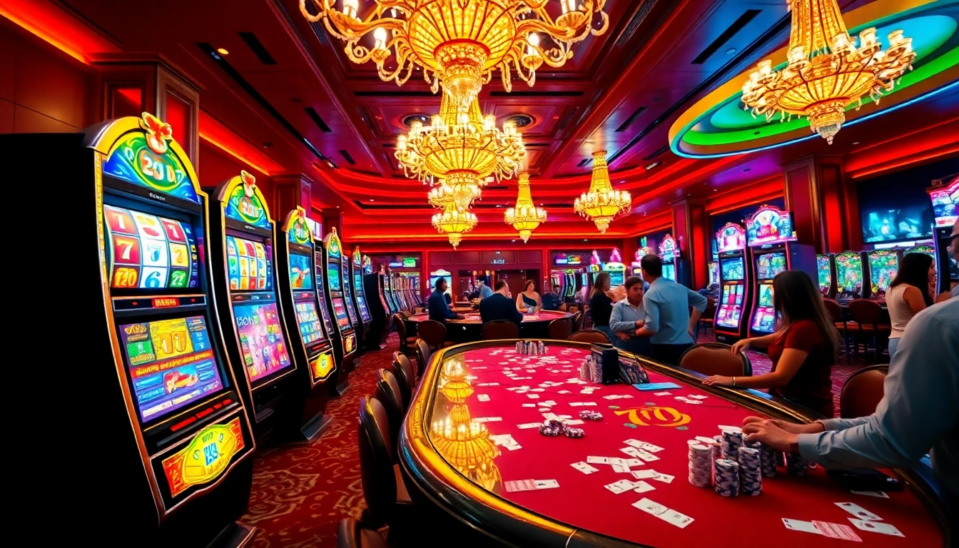 Experience the thrill of winning with idn slot 777 at a luxury casino featuring vibrant slot machines and gaming tables.