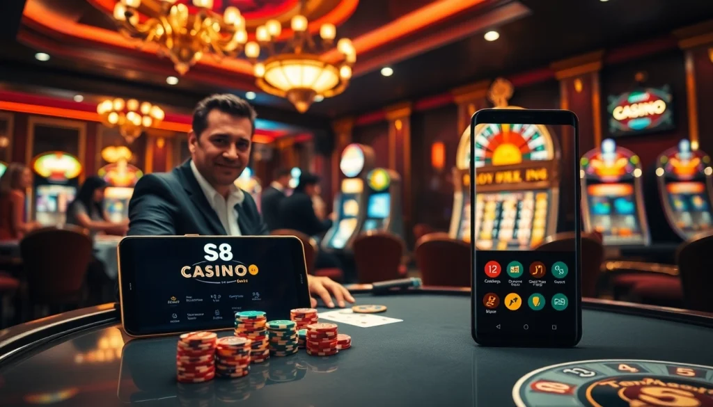 Players enjoying a high-stakes poker game at S8 Casino, surrounded by vibrant slot machines.