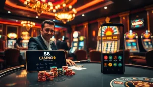Players enjoying a high-stakes poker game at S8 Casino, surrounded by vibrant slot machines.