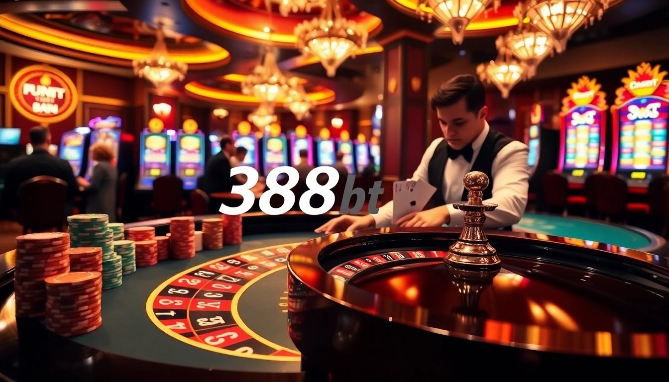Experience excitement at 388bet with a vibrant casino scene featuring roulette and poker.