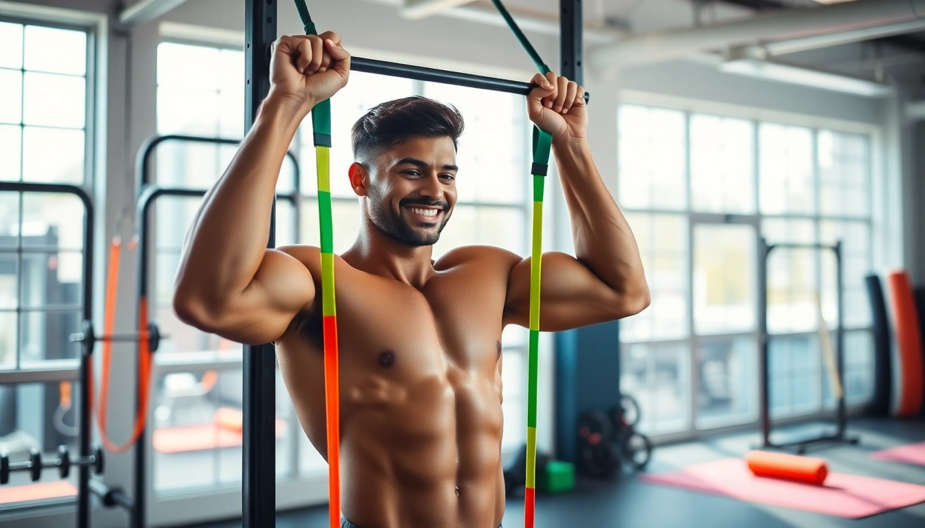 Fitness enthusiast using colorful pull-up assist bands in a bright gym environment.