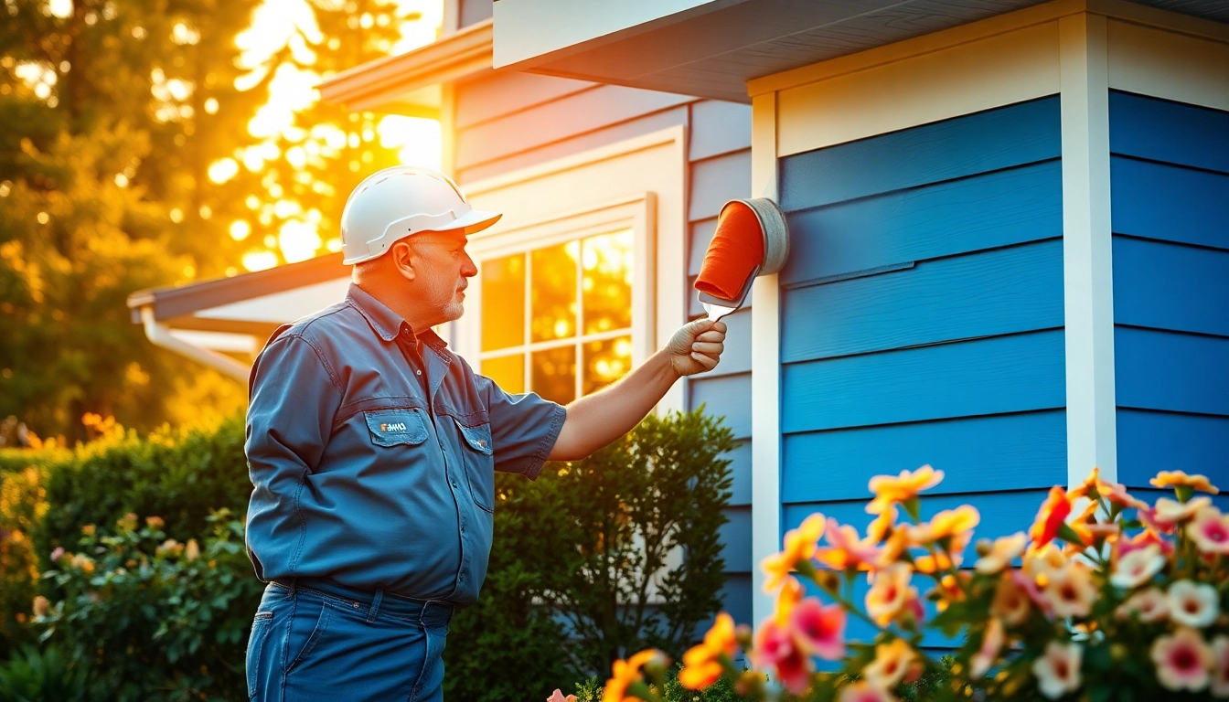 Painting contractor in Mukilteo, WA, applying blue paint to a residential home.
