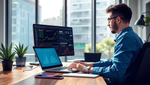 Web scrapping tool in a modern office, showcasing financial data analysis and tech gadgets.