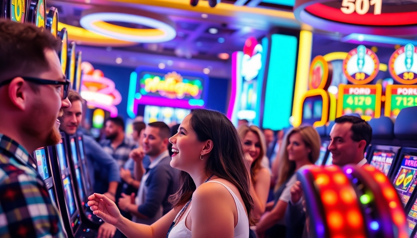 Memenangkan slot depo 1k di kasino modern dengan mesin slot berwarna-warni dan pemain bersemangat.